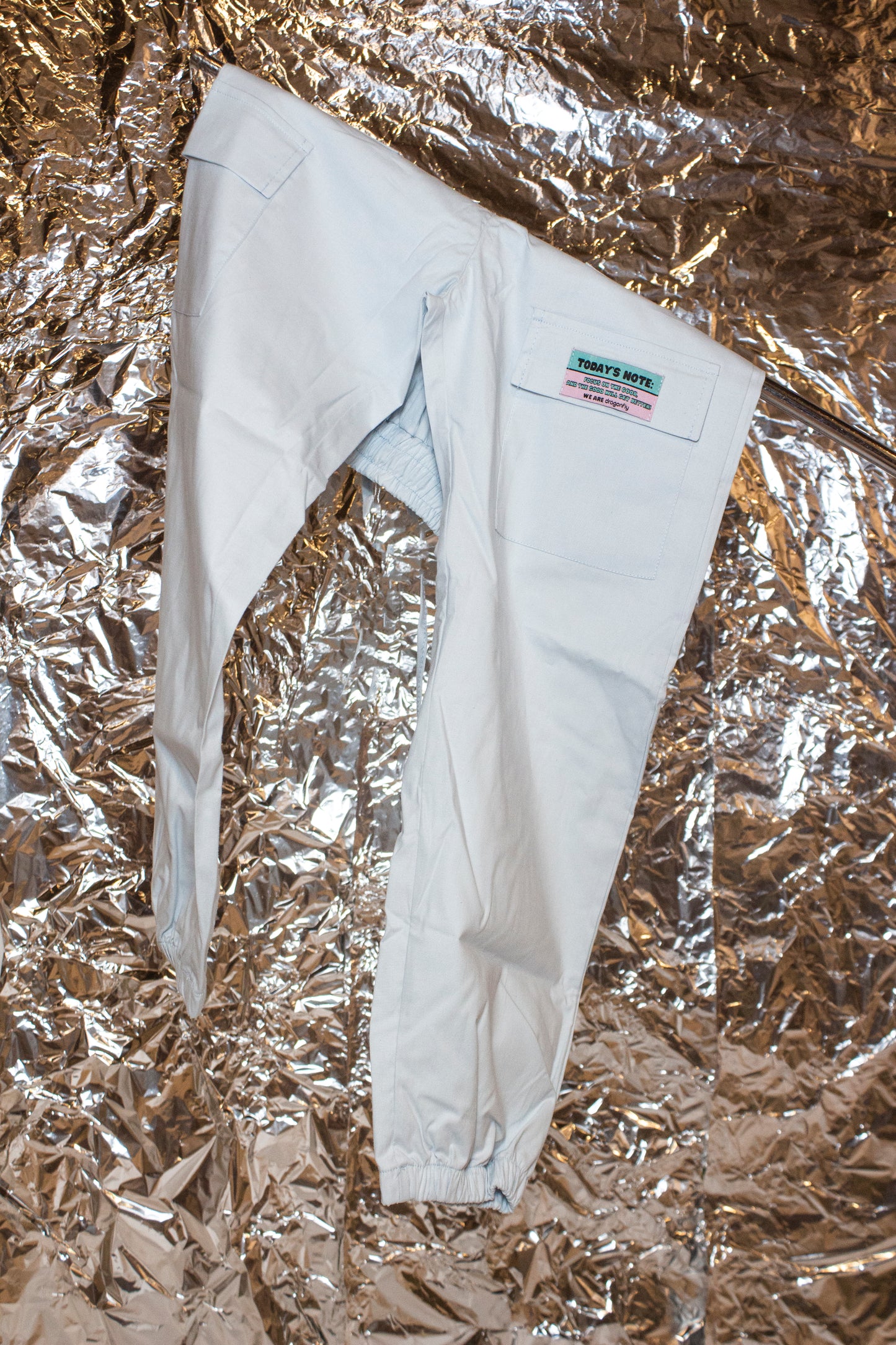 Baby Blue Cargo Pants with a note