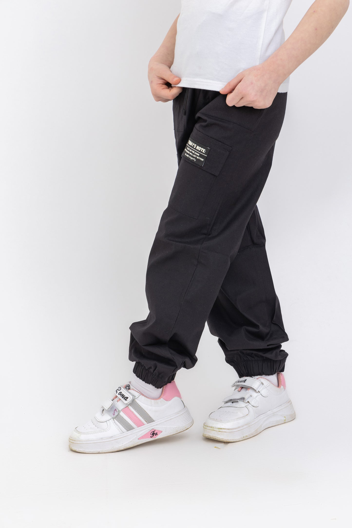 Black Cargo Pants with a note