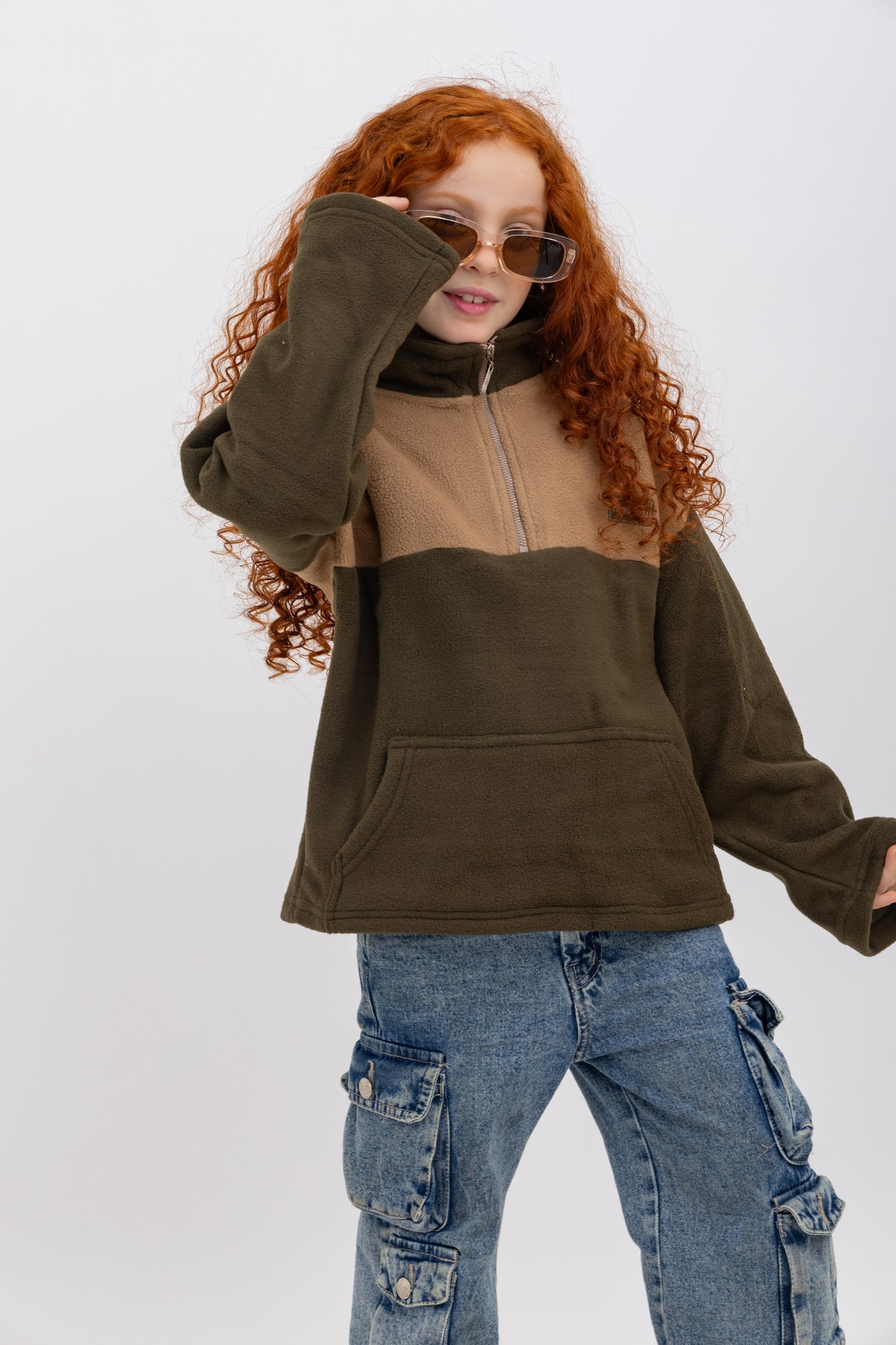 Olive & Beige Fleece Unisex Half Zip