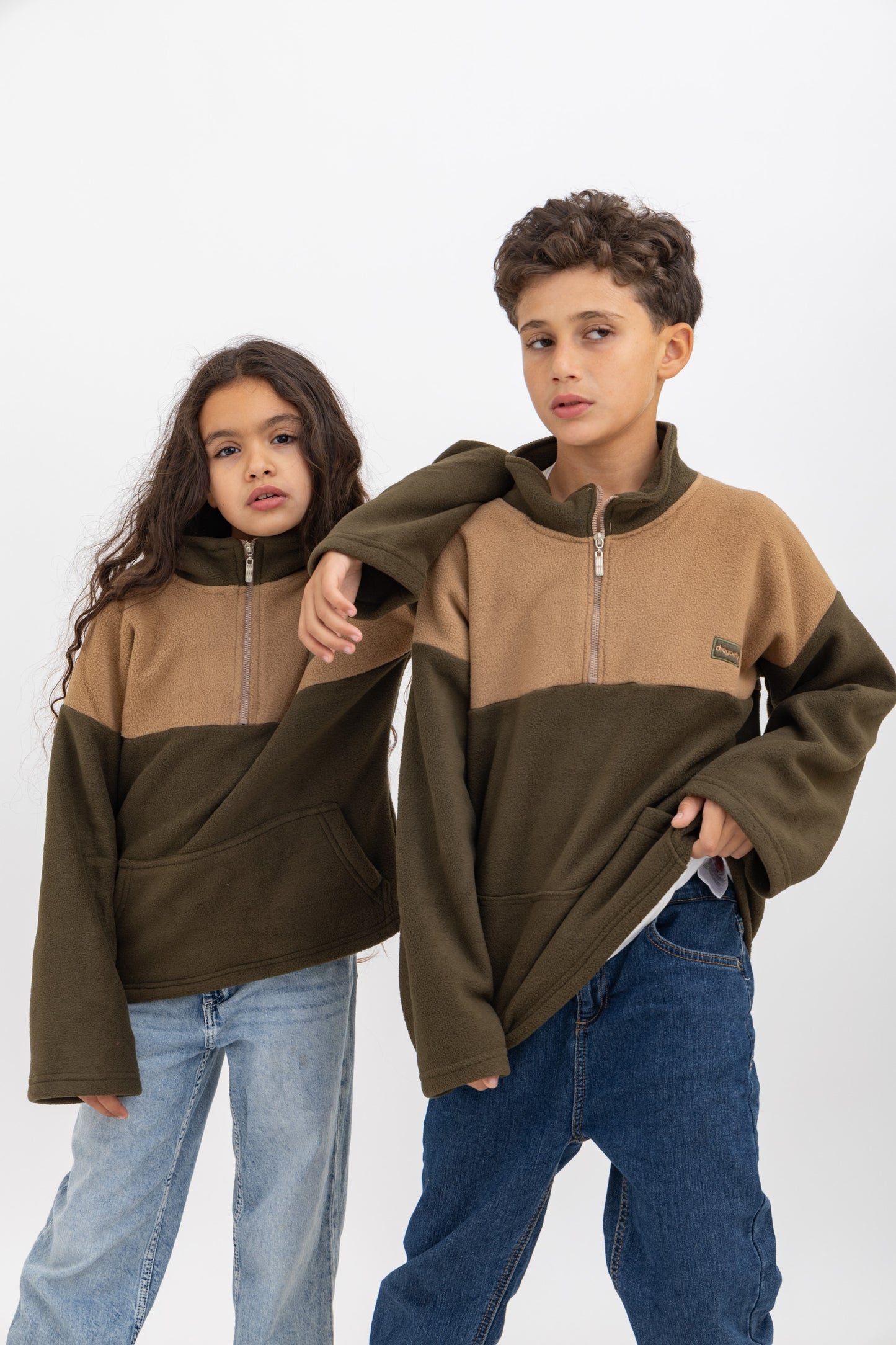 Olive & Beige Fleece Unisex Half Zip